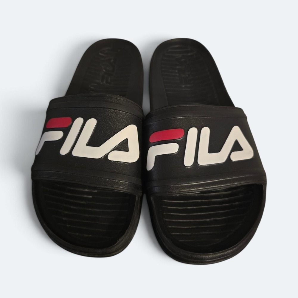 Fila Drifter Slides Black White Red Logo Sandals Kids Size 6